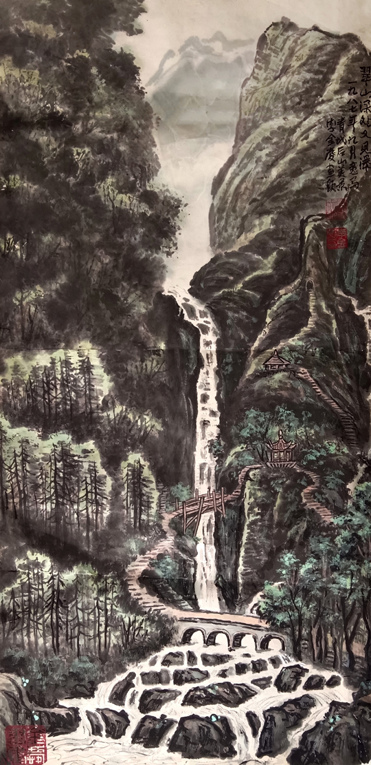 李金庆作品《翠山深处又见瀑》一九八七年九月意写青城后山美景--李金庆画题--规格：139×69cm.jpg