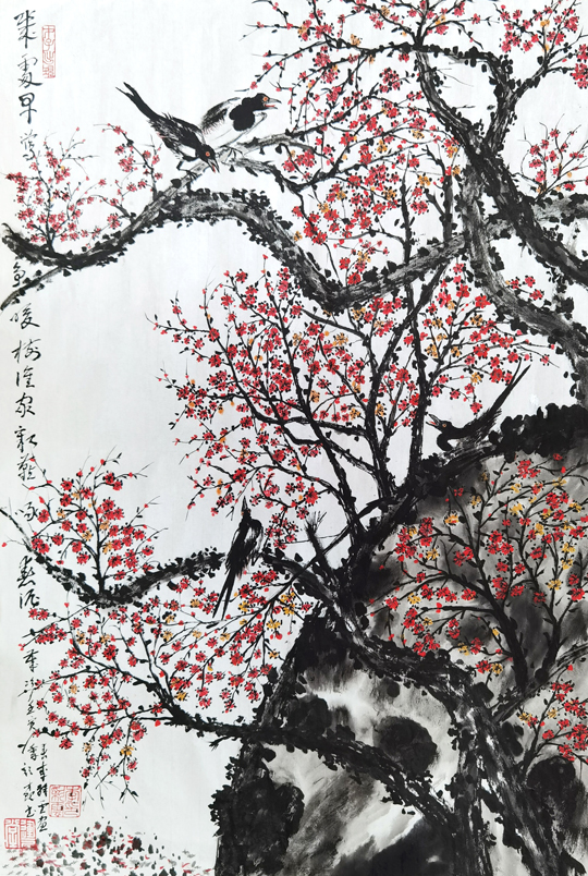 李彩云画--颜才现题《梅雀争春图》--草书释文：几处早莺争暖树，谁家新燕啄春泥.jpg