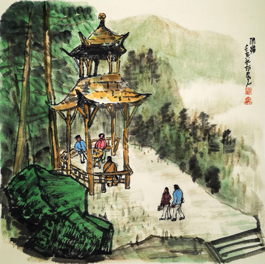 同归50㎝x50㎝创作于2022年根据世界双遗产青城山十分独特幽景的树皮亭，在全国独有，我创作了上千余幅一系列《画道青城幽》作品，并得到藏家认可，得有“颂青城”美誉.jpg