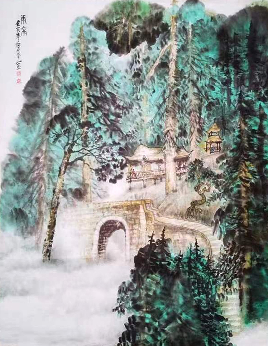 雨亭100㎝x69㎝2020年作于都江堰青城山，根据“幽甲天下”一年四季，云遮雾绕，树木葱茏，林荫覆盖，苍翠欲滴的锦绣天府，尽收眼底，人们将心旷神怡，放声呼吸，寿命将延长。亭联由著名书法家于佑任书云：“山路原无雨，空翠湿人衣”诗意作此图。.jpg