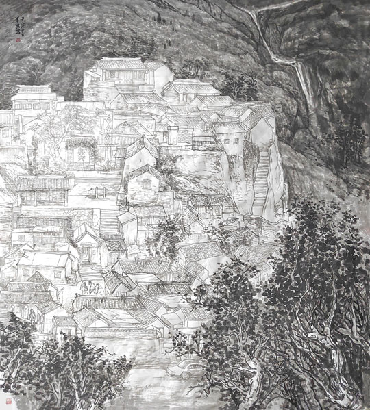 陈军琪作品5-中国画《京西古村落魅影》宣纸水墨200cmx180cm-2022年10月.jpg