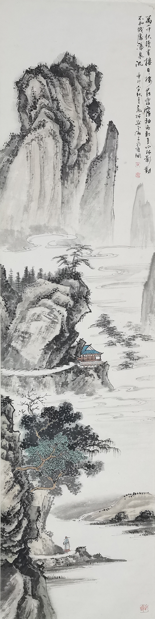 高健林作品1《万山中起读书楼》  规格：138×35cm.jpg