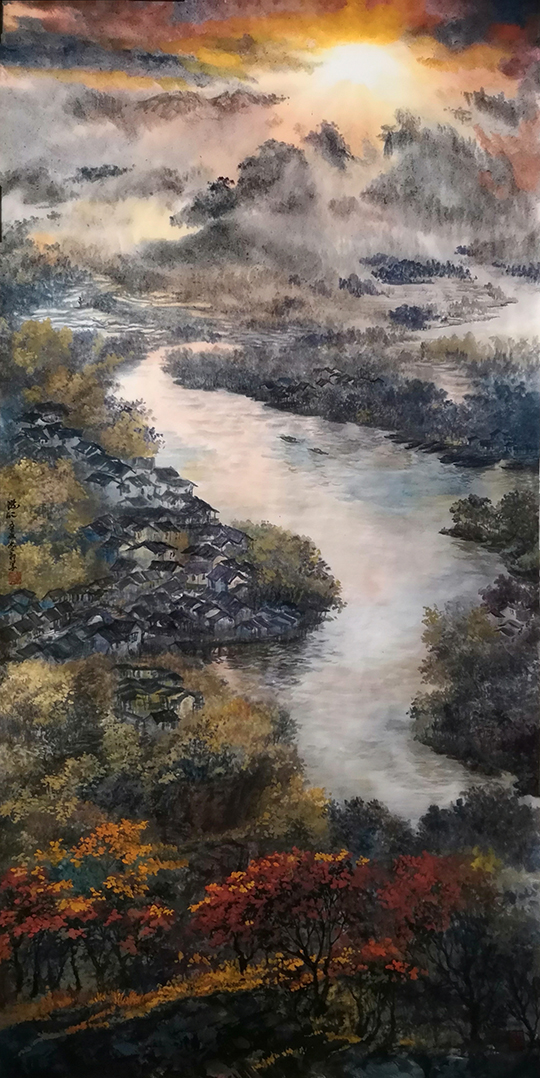 盛絜作品3《霞照江南》  规格：68×136cm.jpg