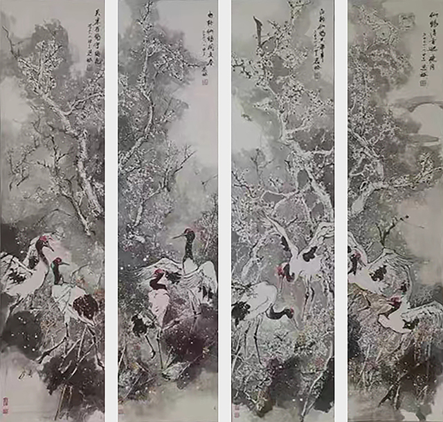 叶思裕作品8《仙鹤四条屏》尺寸：（1370mmX350mm）X4.jpg