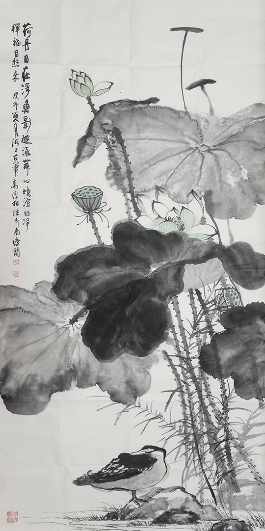 高健林作品《荷舟自在浮 禅福自然来》  规格：138×69cm.jpg