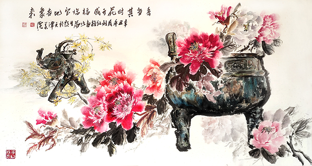 《春当其时花开盛世 福临宝地吉象来》张蒲生题刘红梅画97cmX179cm.jpg